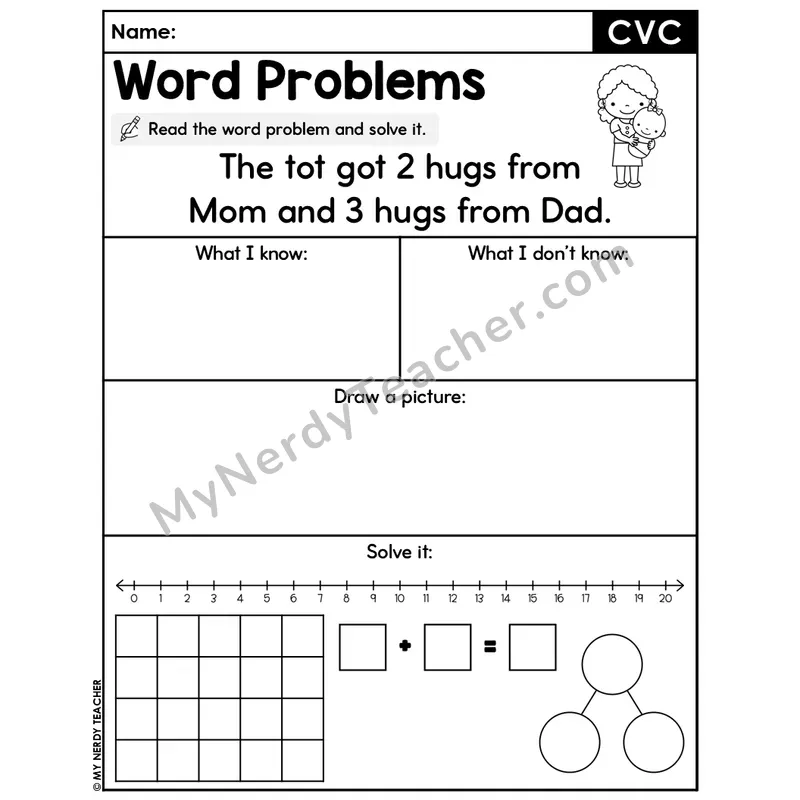 CVC Words Editable Decodable Word Problem Slide — Addition Within 20 — #19