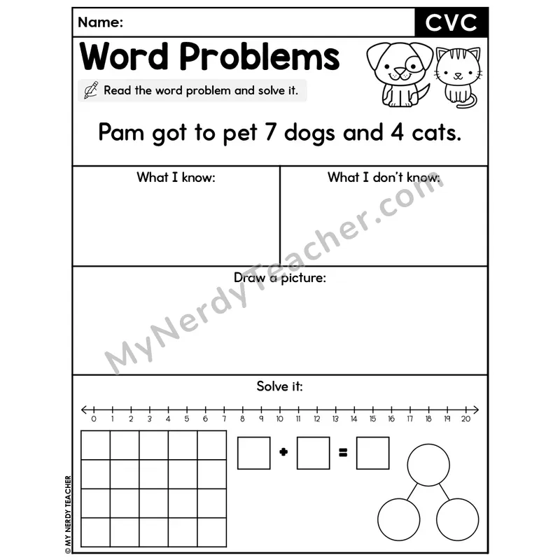 CVC Words Editable Decodable Word Problem Slide — Addition Within 20 — #27