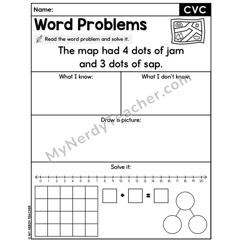 CVC Words Editable Decodable Word Problem Slide — Addition Within 20 — #29