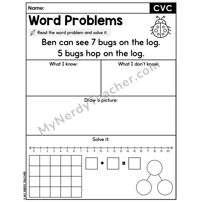 CVC Words Editable Decodable Word Problem Slide — Addition Within 20 — #4