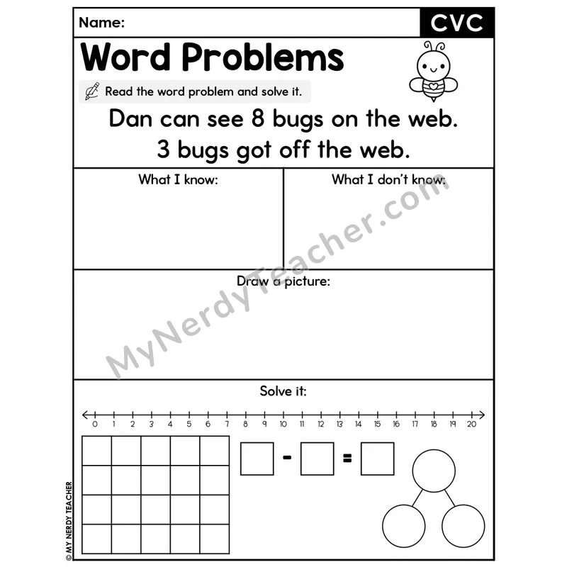 CVC Words Editable Decodable Word Problem Slide — Subtraction Within 20 — #44