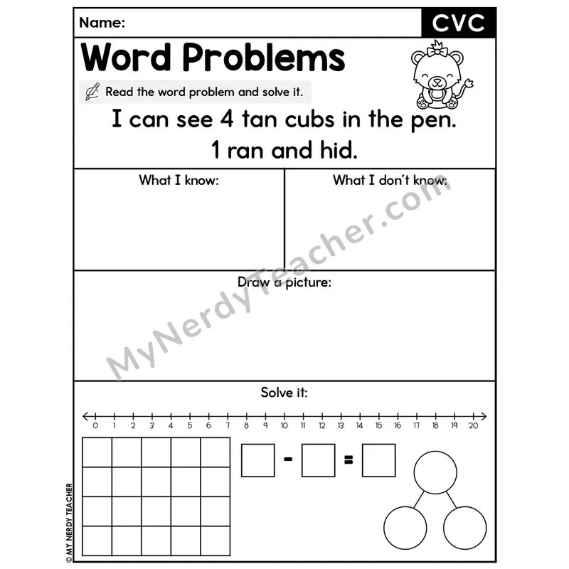 CVC Words Editable Decodable Word Problem Slide — Subtraction Within 20 — #43