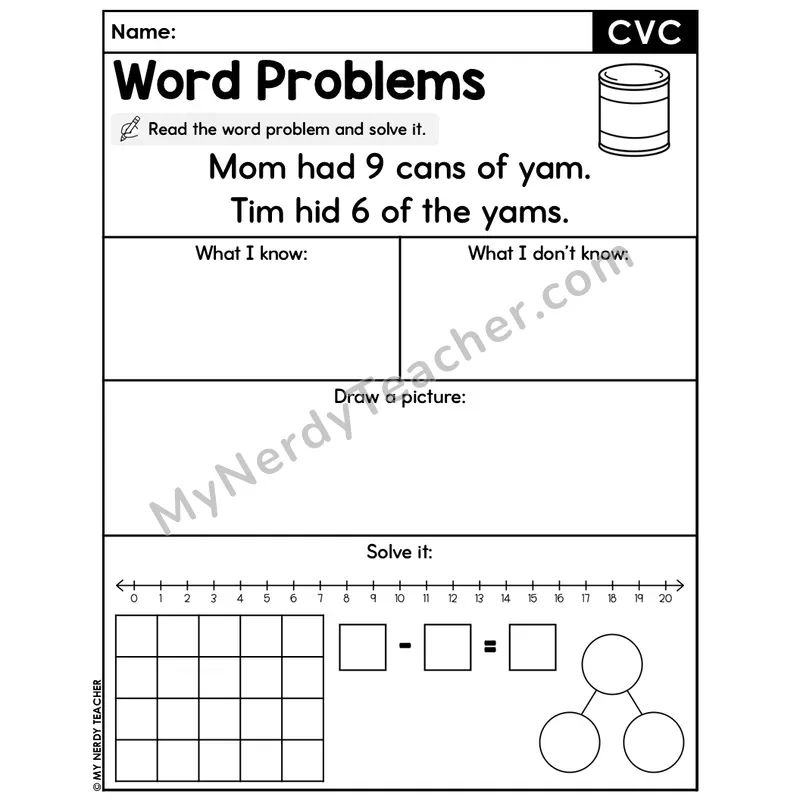 CVC Words Editable Decodable Word Problem Slide — Subtraction Within 20 — #41