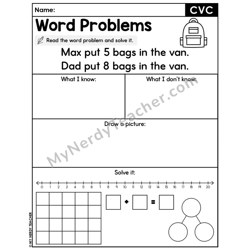 CVC Words Editable Decodable Word Problem Slide — Addition Within 20 — #9