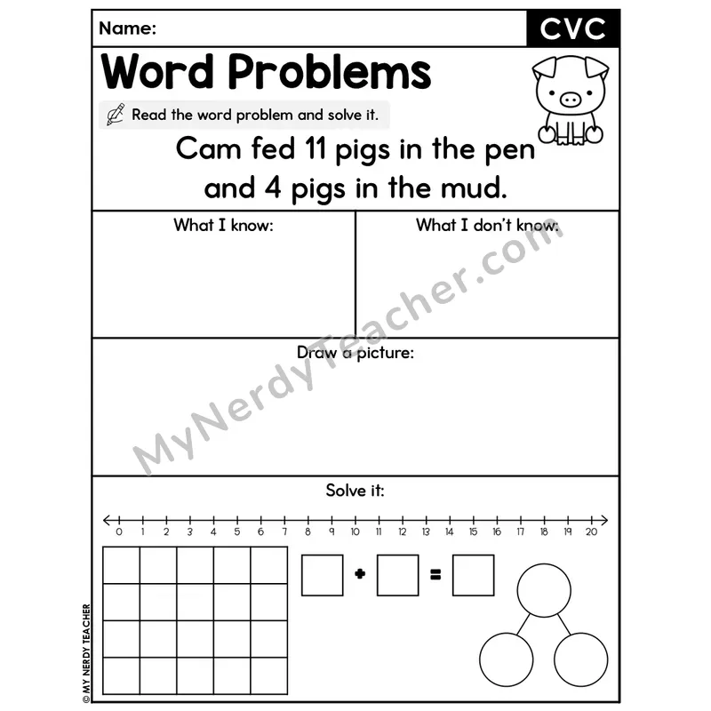 CVC Words Editable Decodable Word Problem Slide — Addition Within 20 — #7