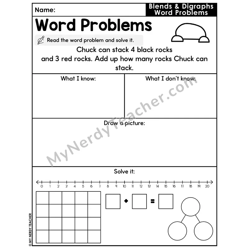 Blends and Digraphs Decodable Word Problem Worksheet with Question — Addition Within 20 — #1