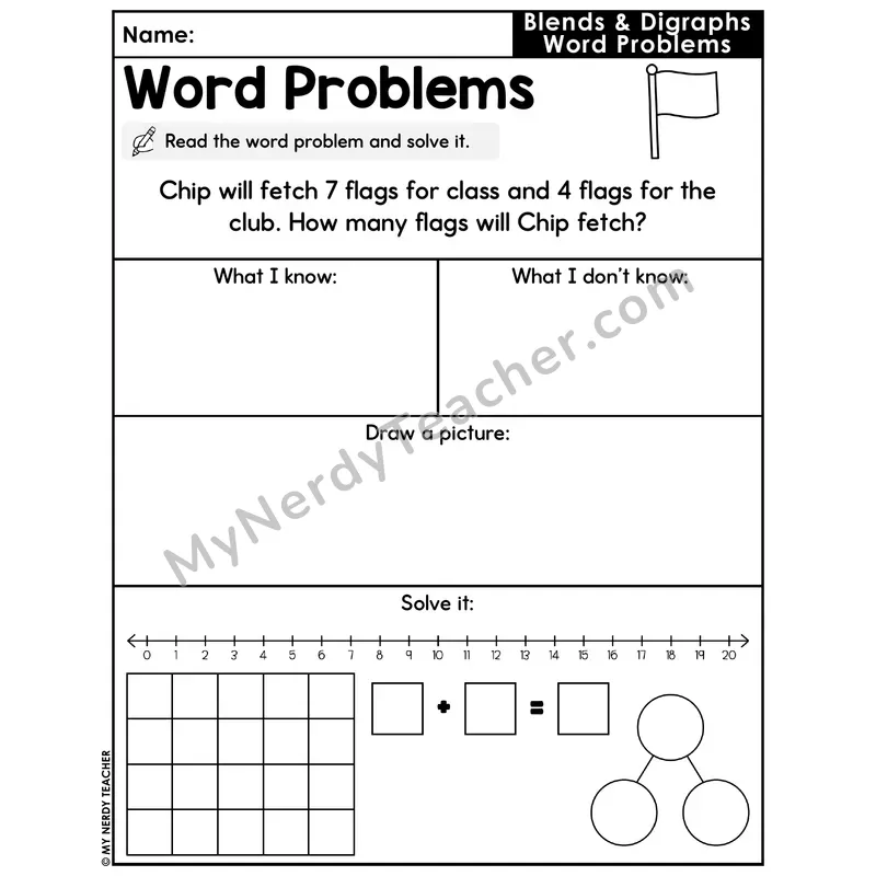 Blends and Digraphs Decodable Word Problem Worksheet with Question — Addition Within 20 — #14