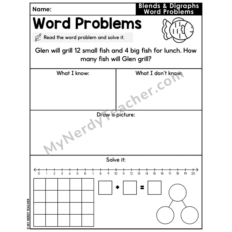Blends and Digraphs Decodable Word Problem Worksheet with Question — Addition Within 20 — #15
