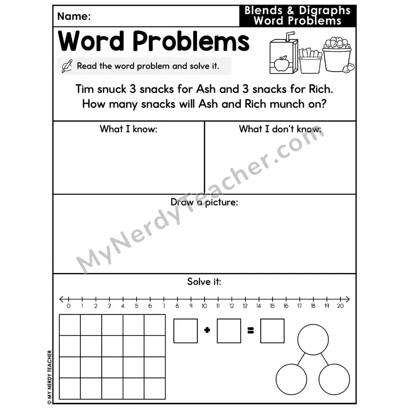 Blends and Digraphs Decodable Word Problem Worksheet with Question — Addition Within 20 — #16