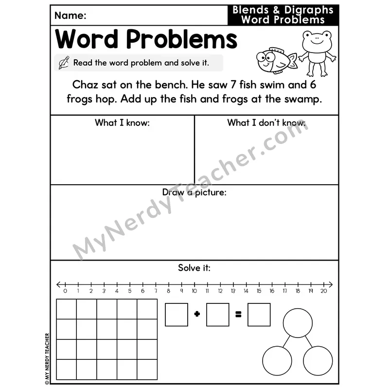 Blends and Digraphs Decodable Word Problem Worksheet with Question — Addition Within 20 — #18