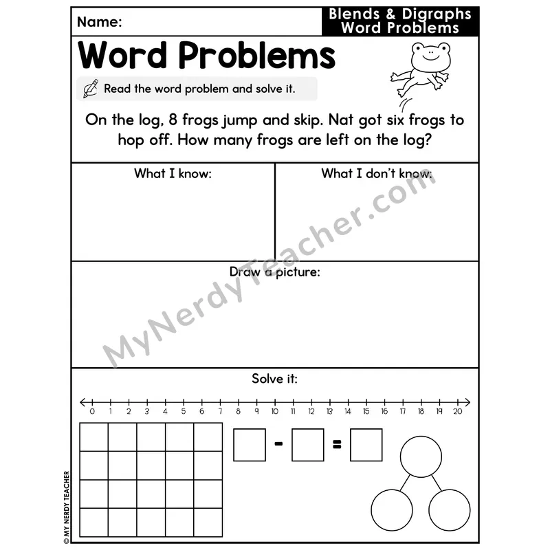 Blends and Digraphs Decodable Word Problem Worksheet with Question — Subtraction Within 20 — #32
