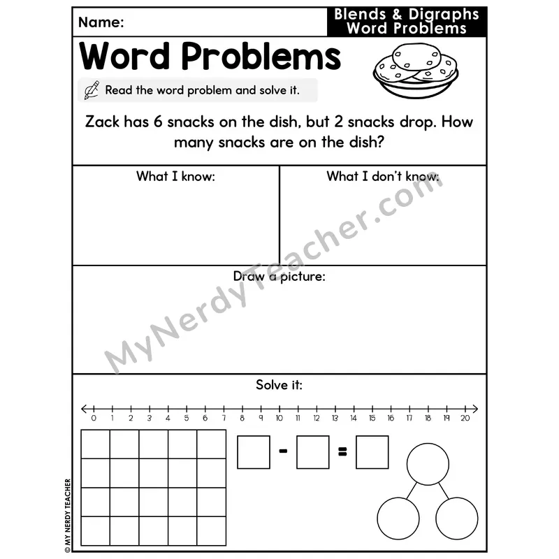 Blends and Digraphs Decodable Word Problem Worksheet with Question — Subtraction Within 20 — #33