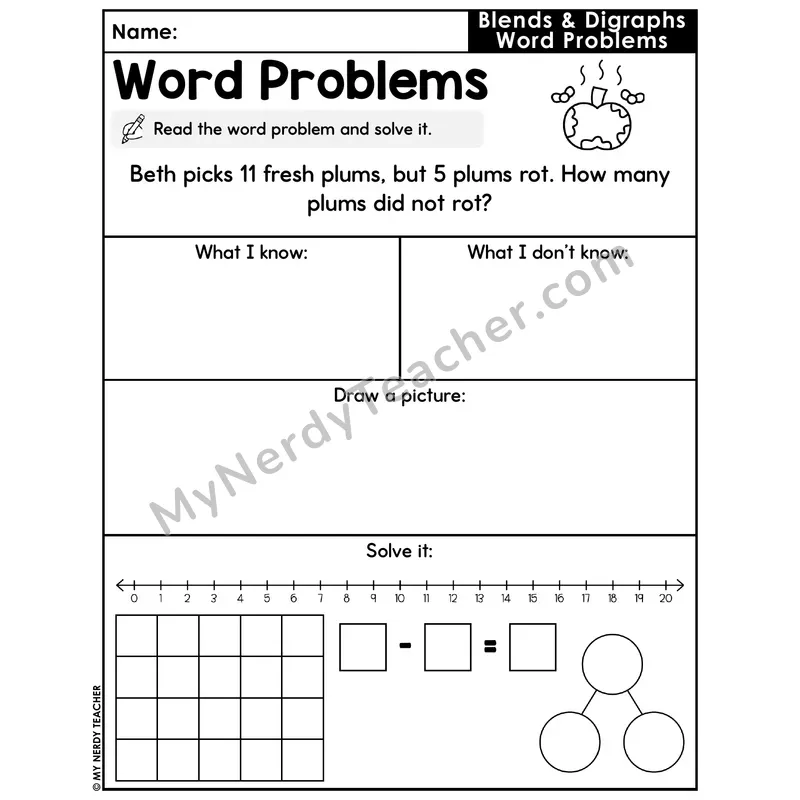 Blends and Digraphs Decodable Word Problem Worksheet with Question — Subtraction Within 20 — #34