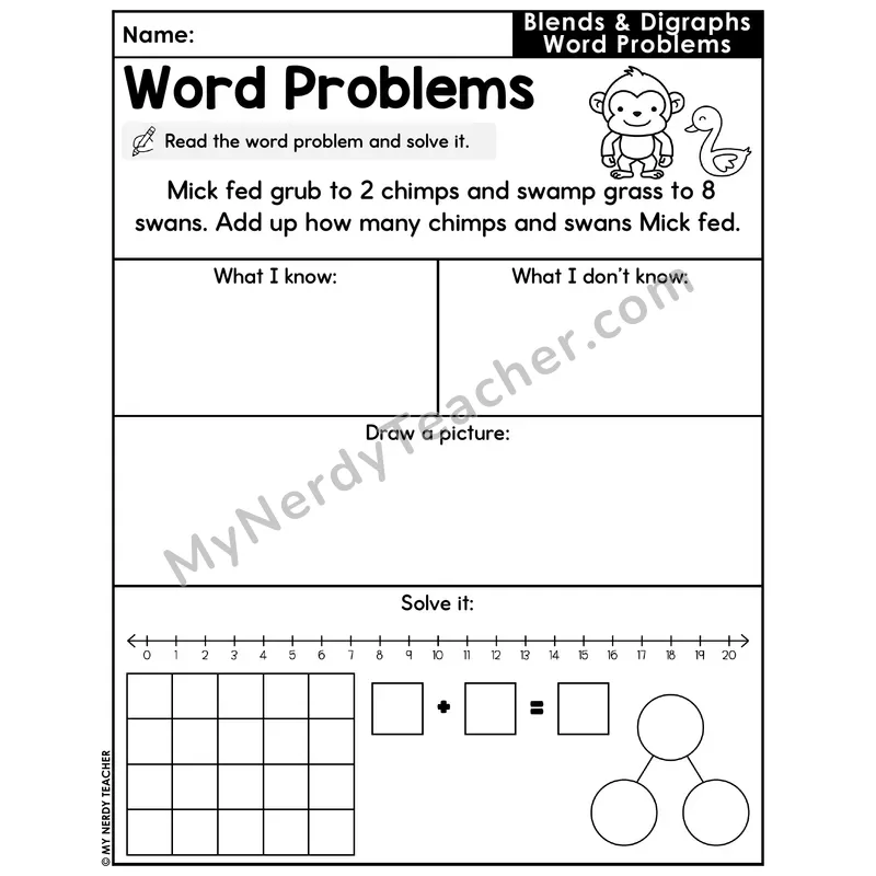 Blends and Digraphs Decodable Word Problem Worksheet with Question — Addition Within 20 — #4