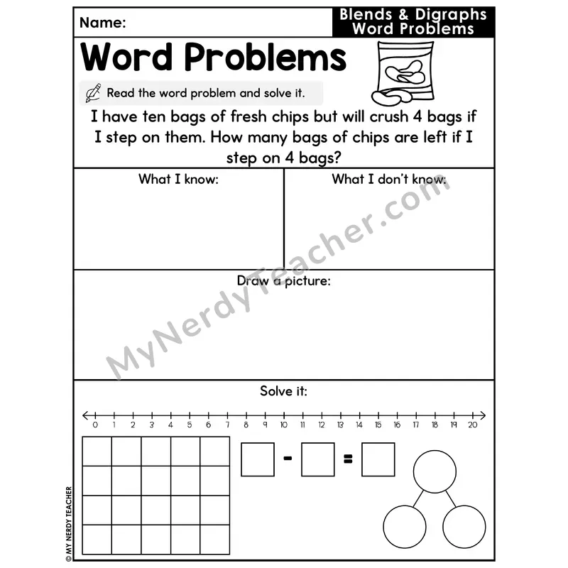 Blends and Digraphs Decodable Word Problem Worksheet with Question — Subtraction Within 20 — #39