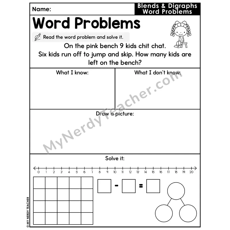 Blends and Digraphs Decodable Word Problem Worksheet with Question — Subtraction Within 20 — #40