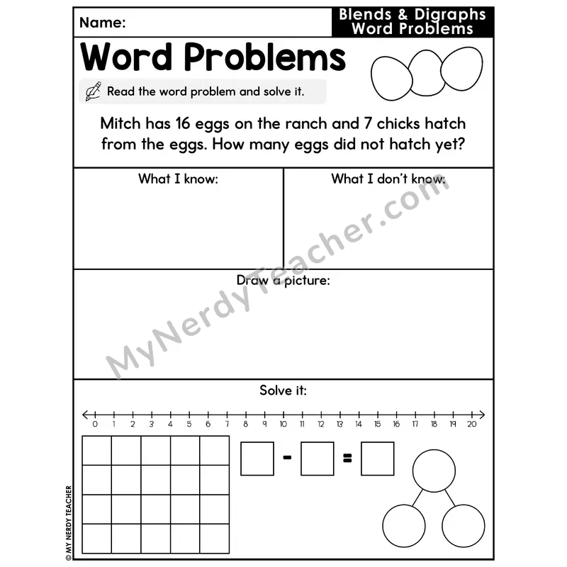 Blends and Digraphs Decodable Word Problem Worksheet with Question — Subtraction Within 20 — #42