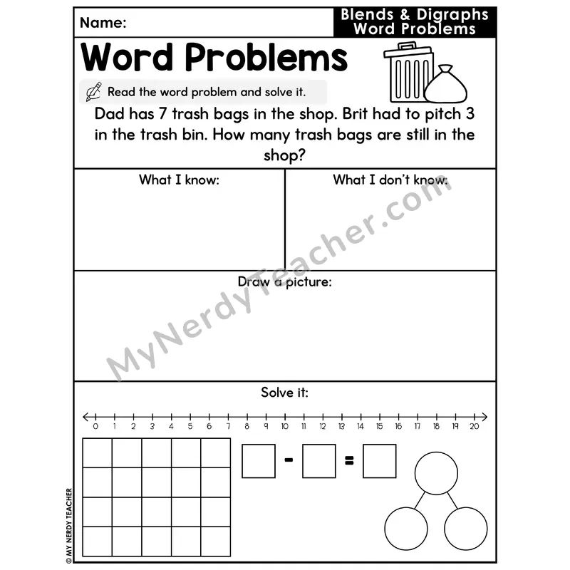 Blends and Digraphs Decodable Word Problem Worksheet with Question — Subtraction Within 20 — #46