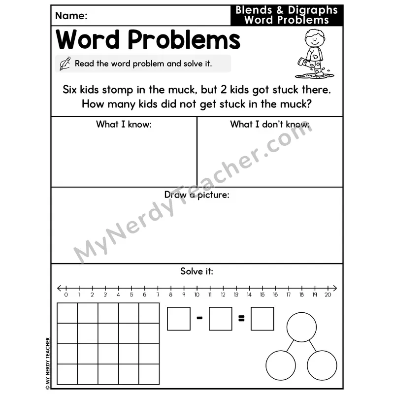 Blends and Digraphs Decodable Word Problem Worksheet with Question — Subtraction Within 20 — #52