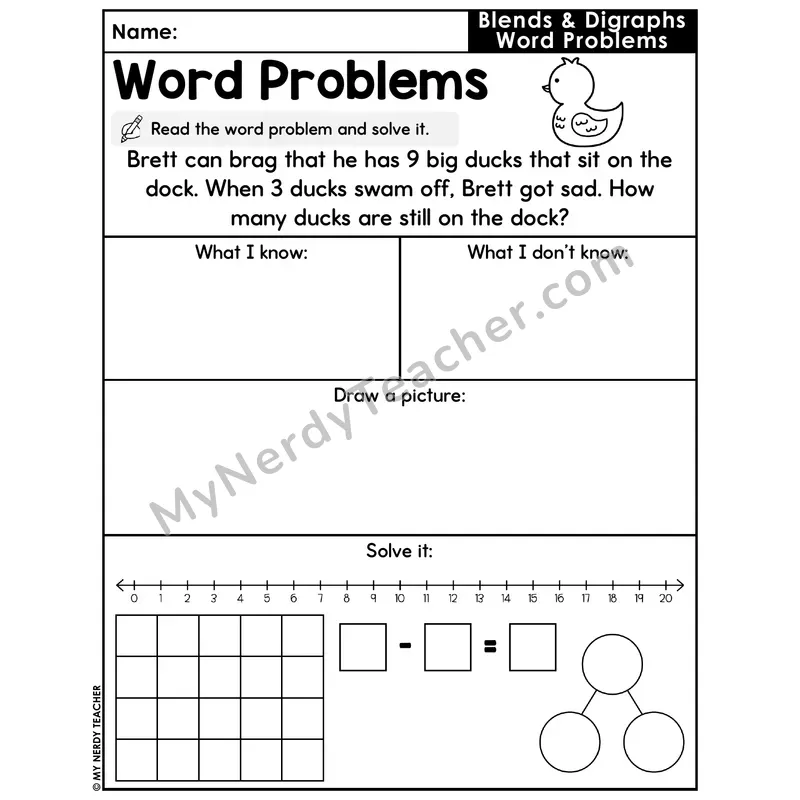 Blends and Digraphs Decodable Word Problem Worksheet with Question — Subtraction Within 20 — #50