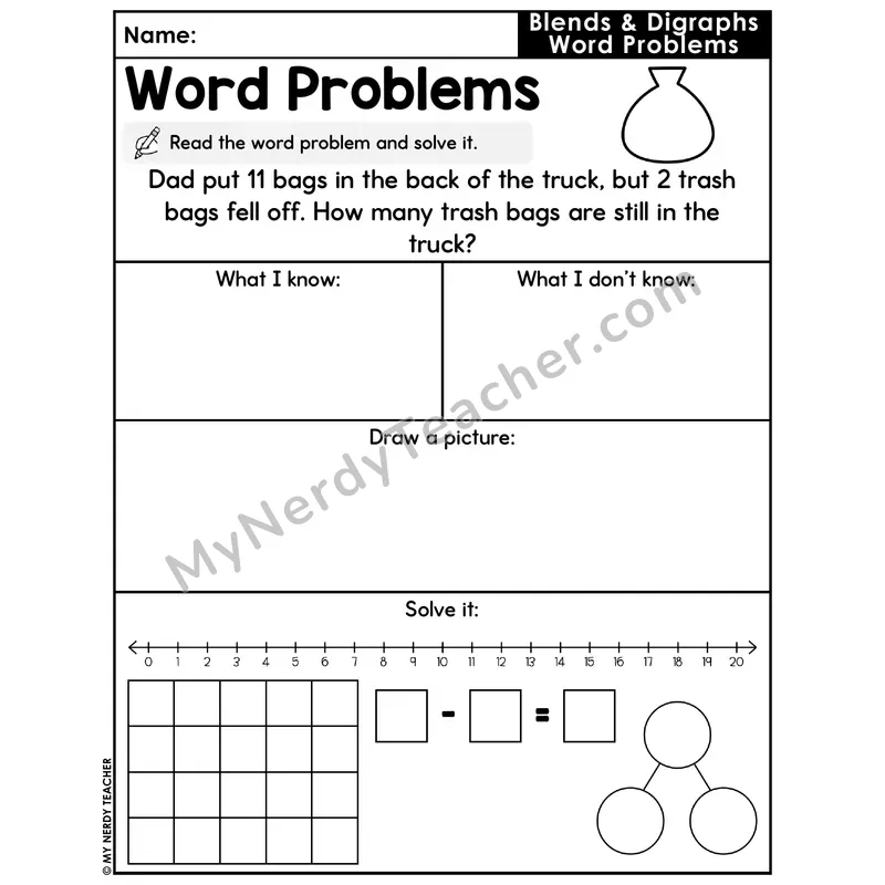Blends and Digraphs Decodable Word Problem Worksheet with Question — Subtraction Within 20 — #60