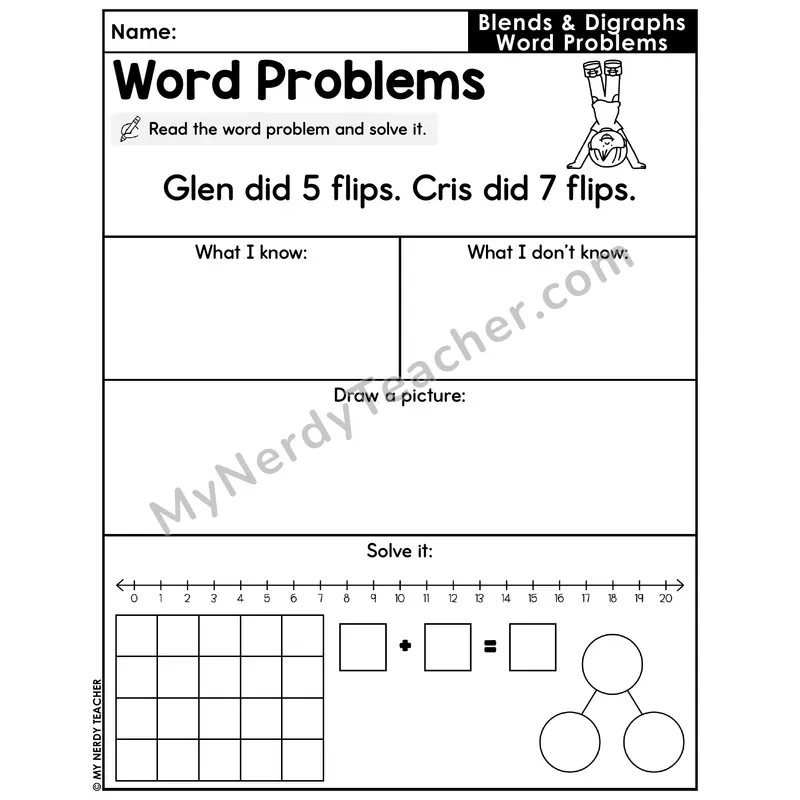 Blends and Digraphs Decodable Word Problem Worksheet — Addition Within 20 — #10