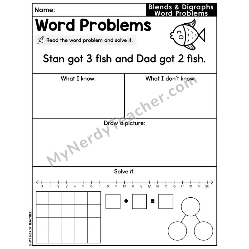Blends and Digraphs Decodable Word Problem Worksheet — Addition Within 20 — #11