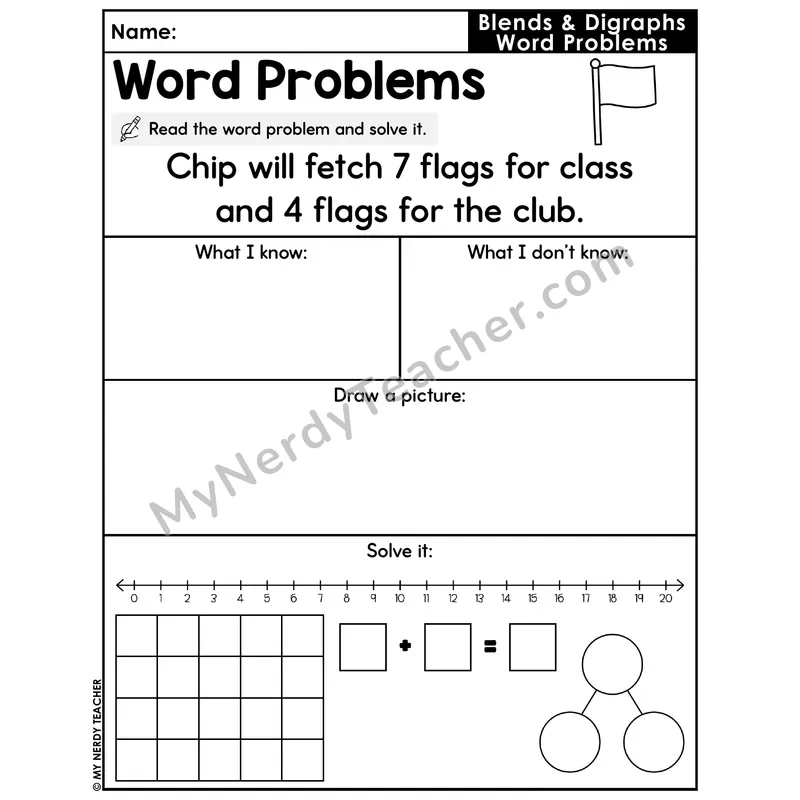 Blends and Digraphs Decodable Word Problem Worksheet — Addition Within 20 — #14