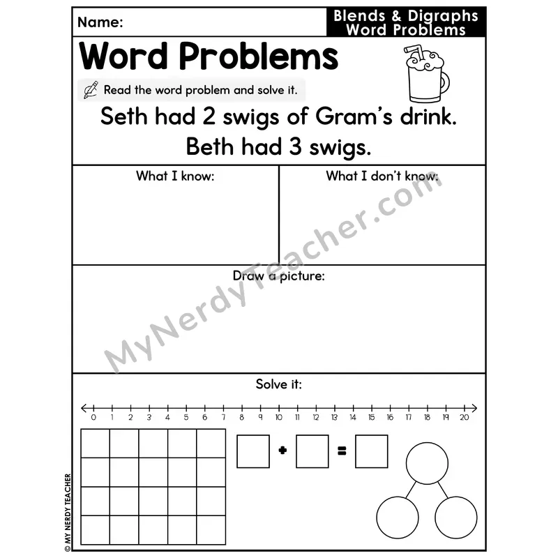Blends and Digraphs Decodable Word Problem Worksheet — Addition Within 20 — #19