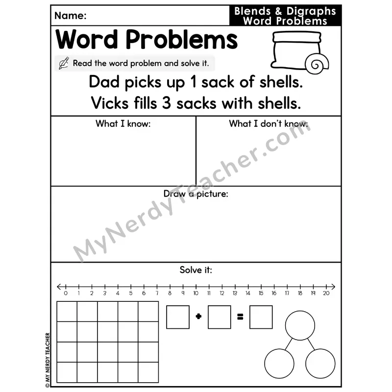 Blends and Digraphs Decodable Word Problem Worksheet — Addition Within 20 — #24