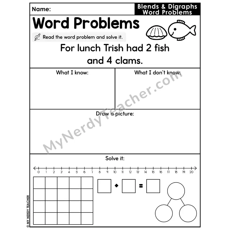 Blends and Digraphs Decodable Word Problem Worksheet — Addition Within 20 — #30