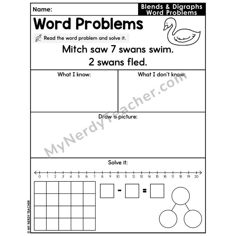 Blends and Digraphs Decodable Word Problem Worksheet — Subtraction Within 20 — #35