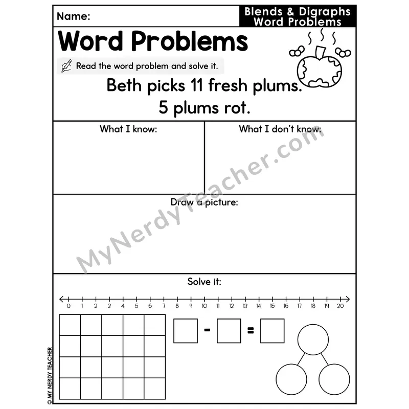 Blends and Digraphs Decodable Word Problem Worksheet — Subtraction Within 20 — #34