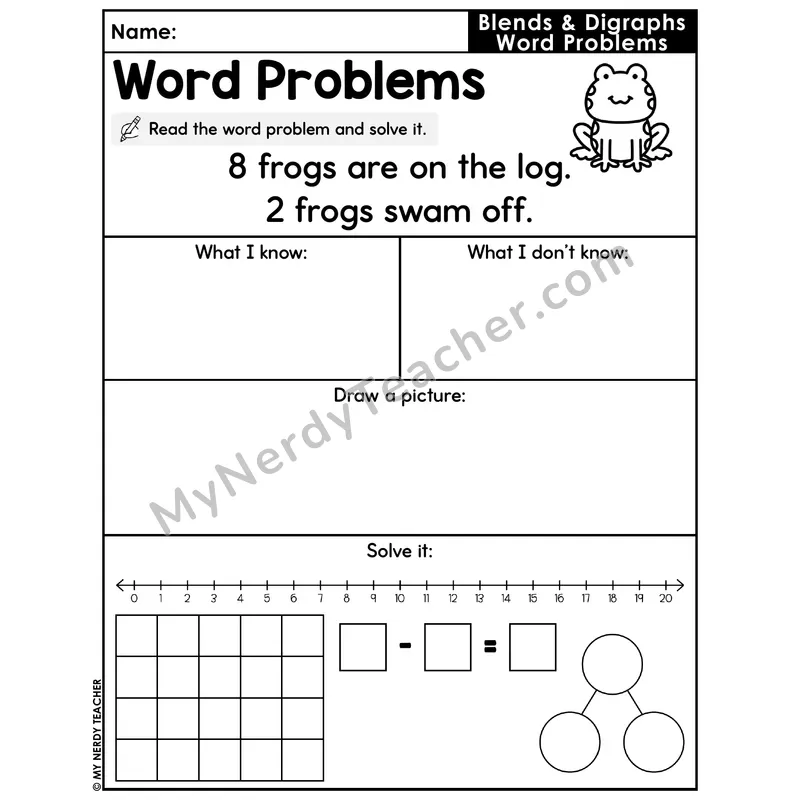 Blends and Digraphs Decodable Word Problem Worksheet — Subtraction Within 20 — #36