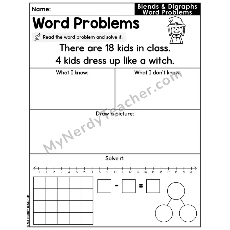 Blends and Digraphs Decodable Word Problem Worksheet — Subtraction Within 20 — #43