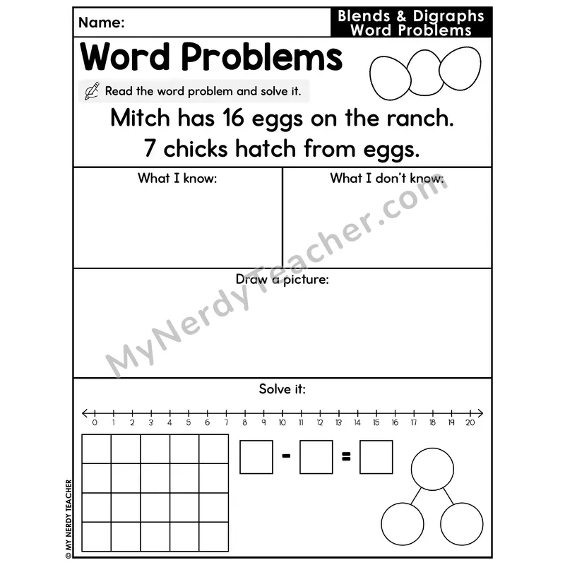 Blends and Digraphs Decodable Word Problem Worksheet — Subtraction Within 20 — #42