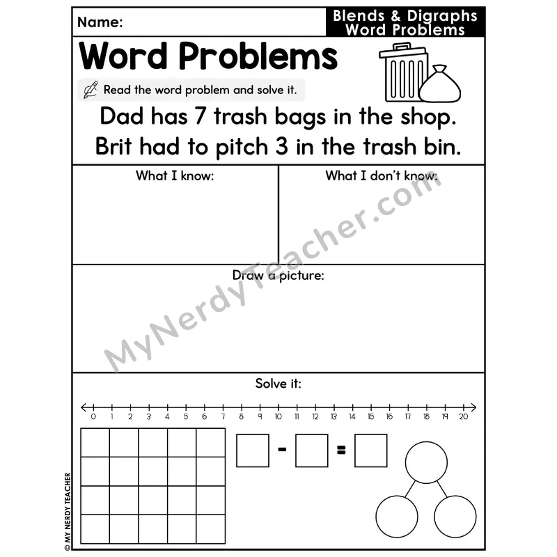 Blends and Digraphs Decodable Word Problem Worksheet — Subtraction Within 20 — #46