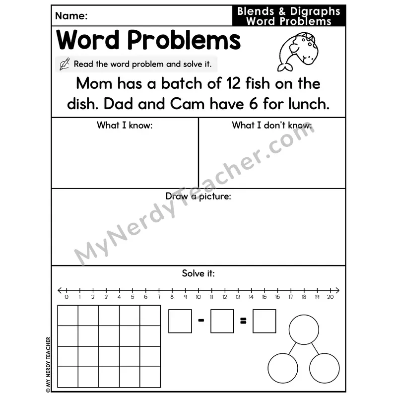 Blends and Digraphs Decodable Word Problem Worksheet — Subtraction Within 20 — #45
