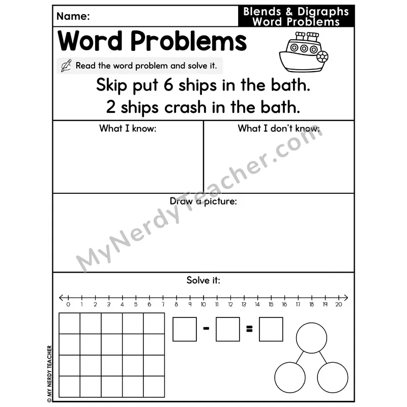 Blends and Digraphs Decodable Word Problem Worksheet — Subtraction Within 20 — #47