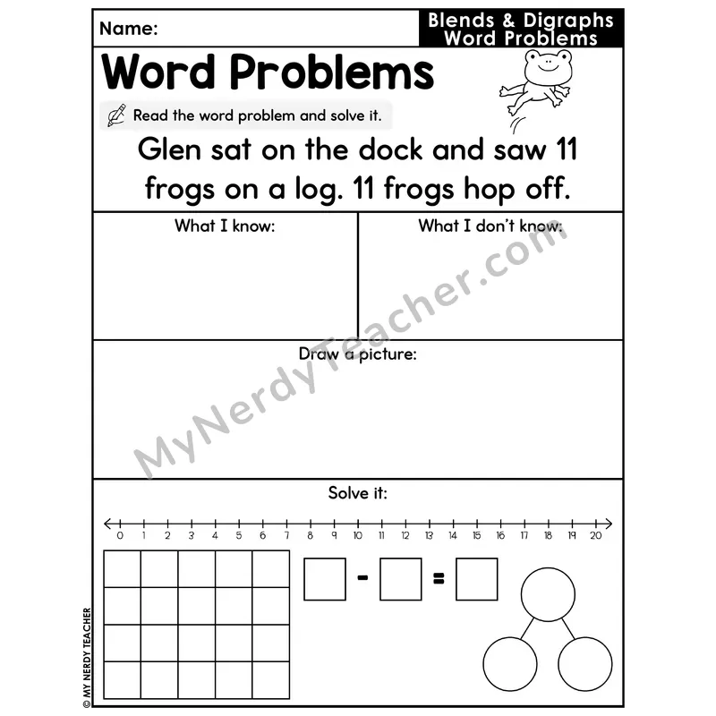 Blends and Digraphs Decodable Word Problem Worksheet — Subtraction Within 20 — #49