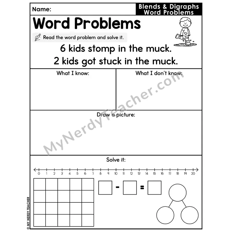 Blends and Digraphs Decodable Word Problem Worksheet — Subtraction Within 20 — #52
