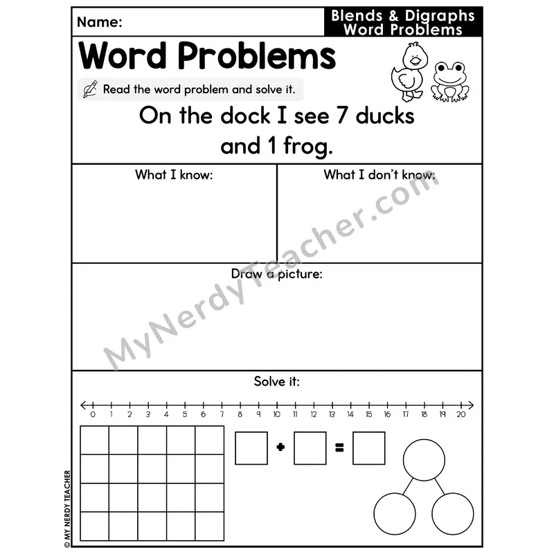 Blends and Digraphs Decodable Word Problem Worksheet — Addition Within 20 — #5