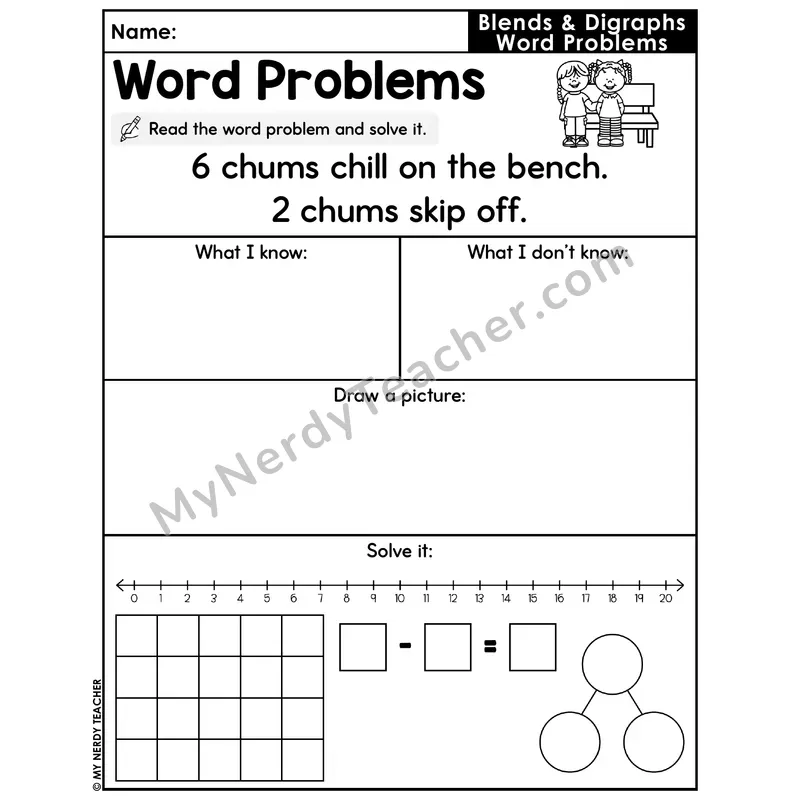 Blends and Digraphs Decodable Word Problem Worksheet — Subtraction Within 20 — #54