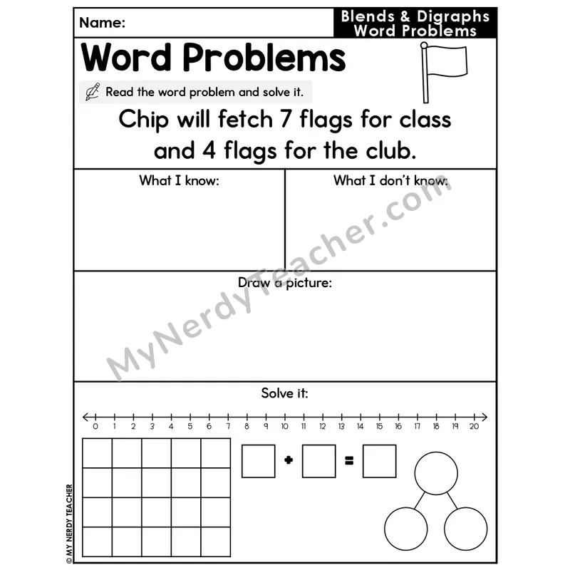 Blends and Digraphs Editable Decodable Word Problem Slide — Addition Within 20 — #14