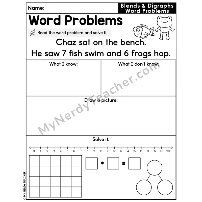Blends and Digraphs Editable Decodable Word Problem Slide — Addition Within 20 — #18