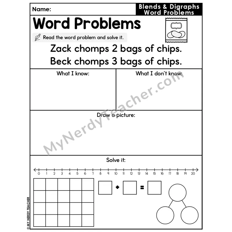 Blends and Digraphs Editable Decodable Word Problem Slide — Addition Within 20 — #25
