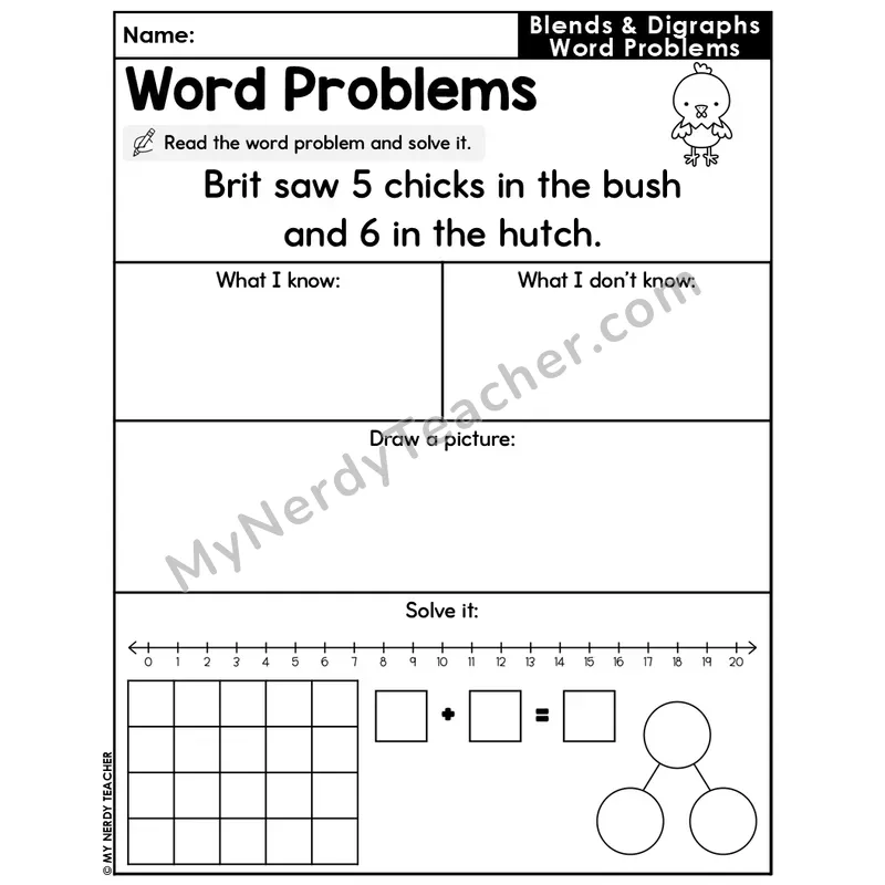 Blends and Digraphs Editable Decodable Word Problem Slide — Addition Within 20 — #3