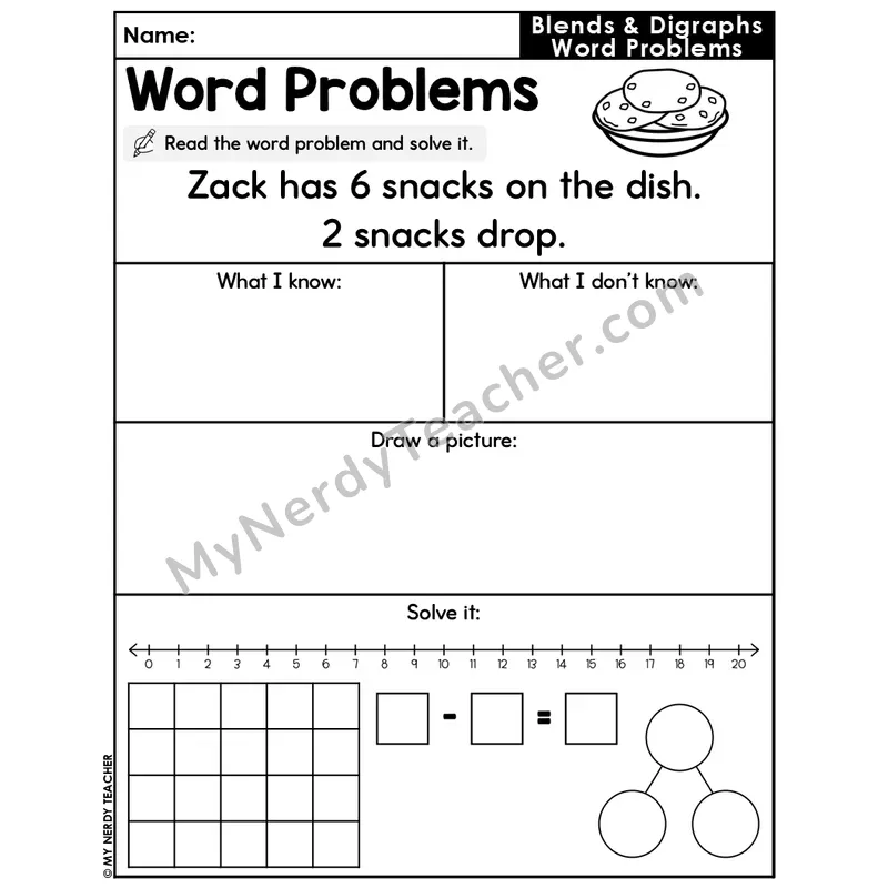 Blends and Digraphs Editable Decodable Word Problem Slide — Subtraction Within 20 — #33