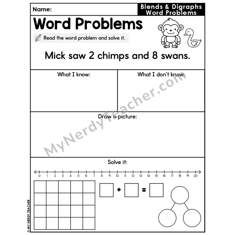 Blends and Digraphs Editable Decodable Word Problem Slide — Addition Within 20 — #4