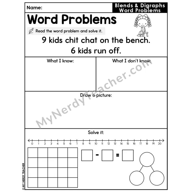 Blends and Digraphs Editable Decodable Word Problem Slide — Subtraction Within 20 — #40